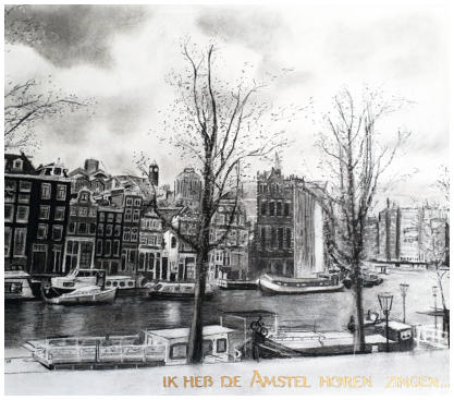 Amstel vanuit het NOB te Amsterdam 2022 50x65 (Houtskool  en potlood)