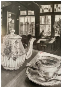 High tea on a weird saturday afternoon, 2024 50x70 (Houtskool)