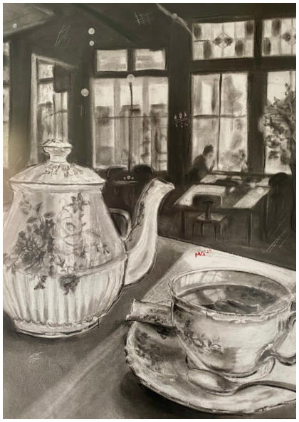 High tea on a weird saturday afternoon, 2024 50x70 (Houtskool)